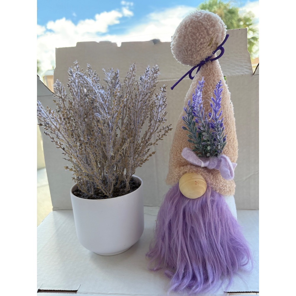 Lavender Gnome and Faux Lavender Plant Potted Decor Set Purple Tan